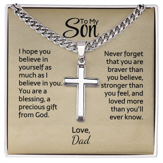 Cuban Chain with Engraved Cross - Personalized Gift for Son